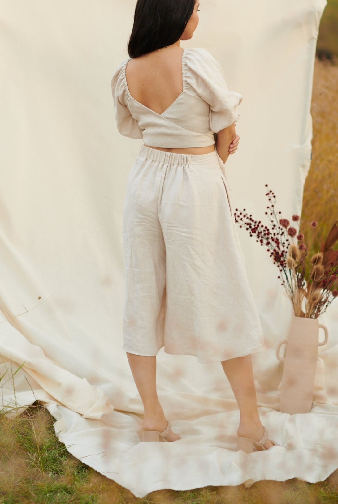 back view of PDF digital modern sewing pattern wrap style crop top with wide leg culottes