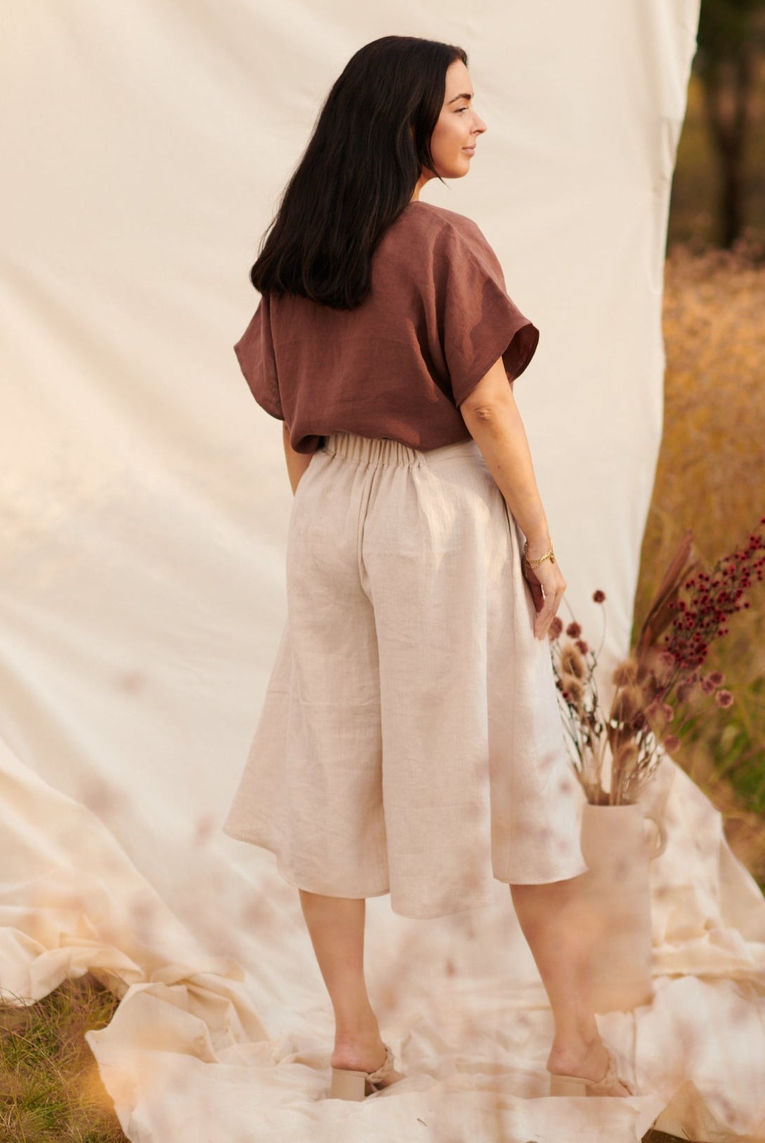back view of wide leg flared culottes PDF digital modern sewing pattern small designer indie pattern worn with Waratah top