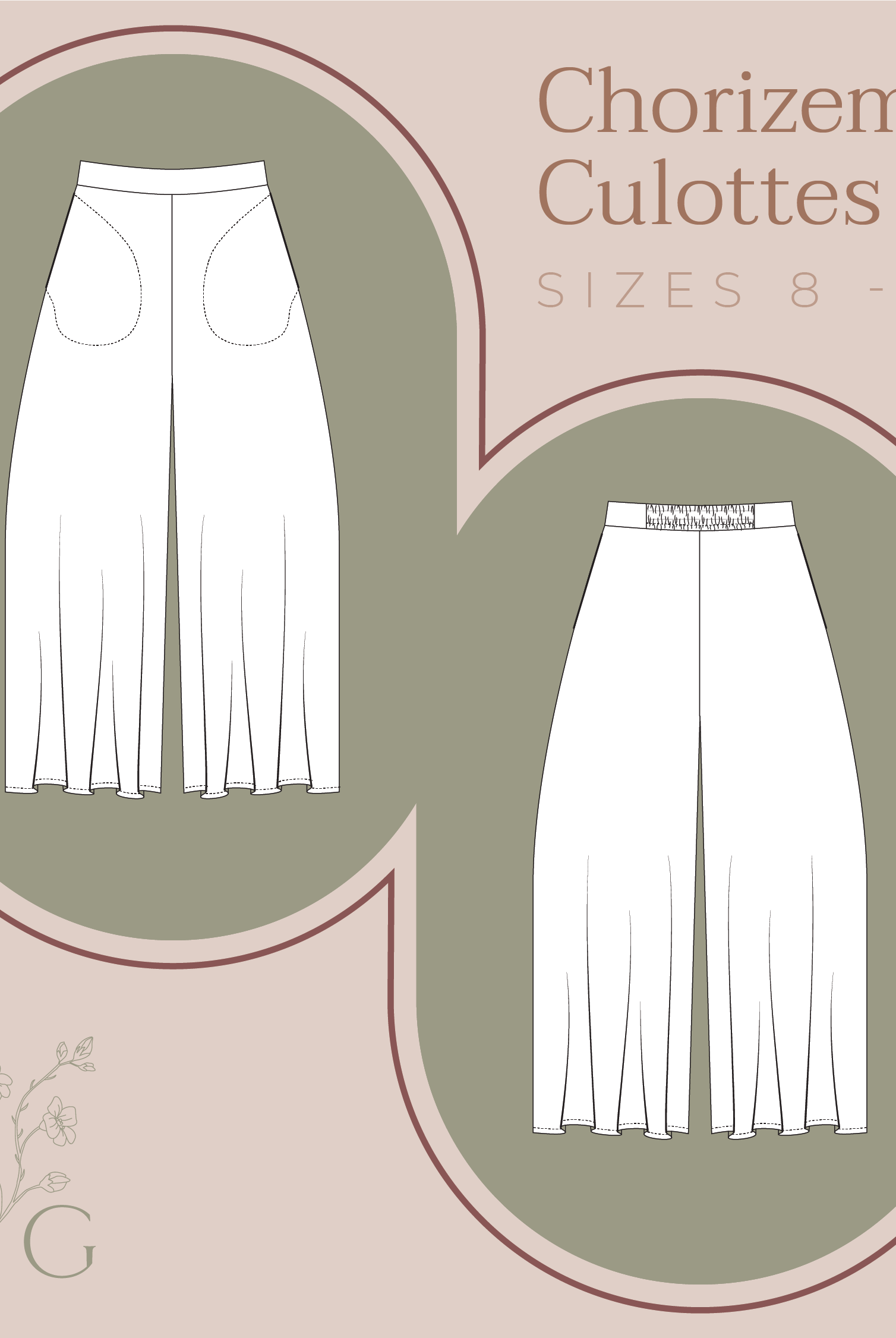 trade drawing of easy to sew modern sewing pattern wide leg flared culottes