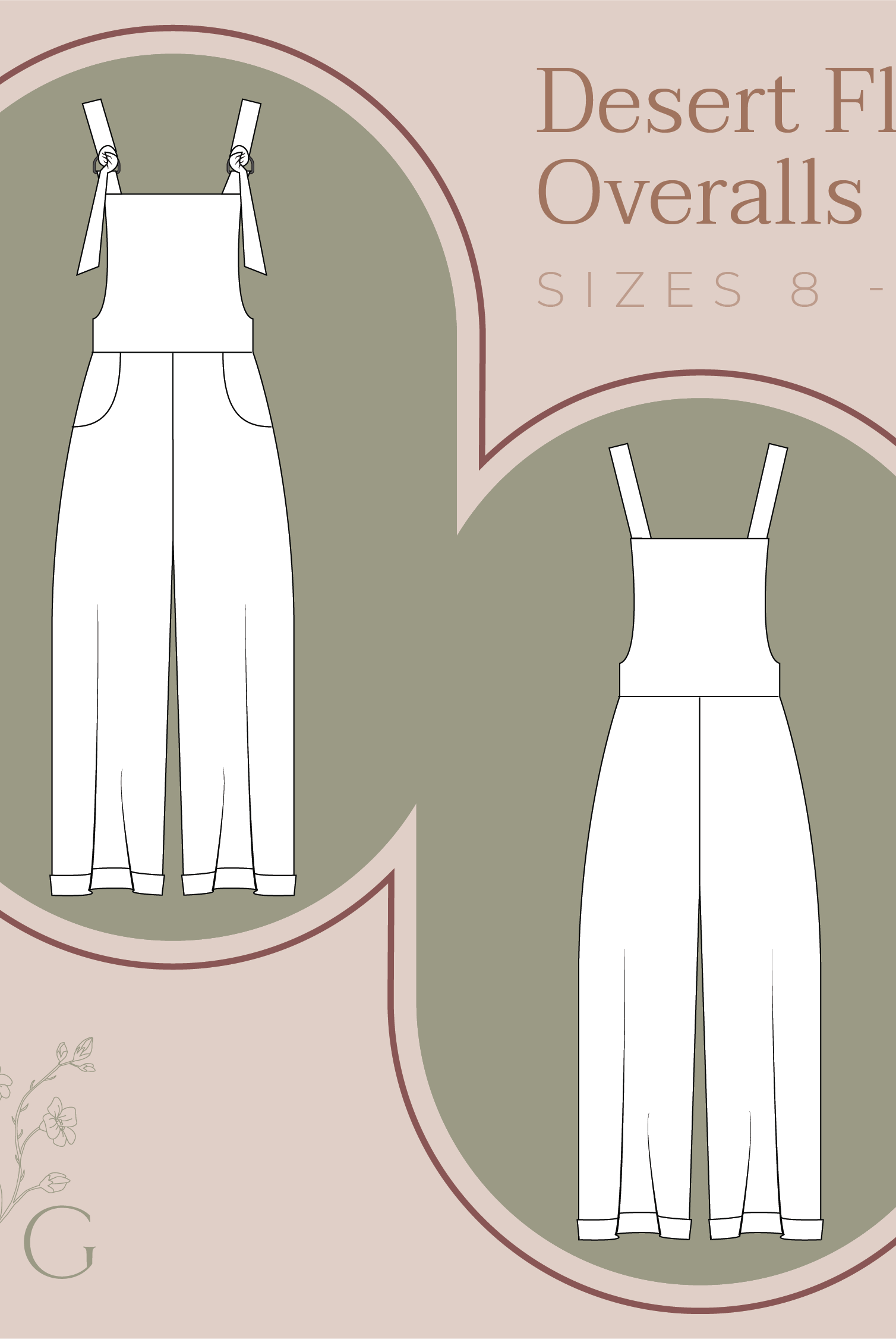 Trade drawing of easy modern sewing pattern overalls with pockets and adjustable straps