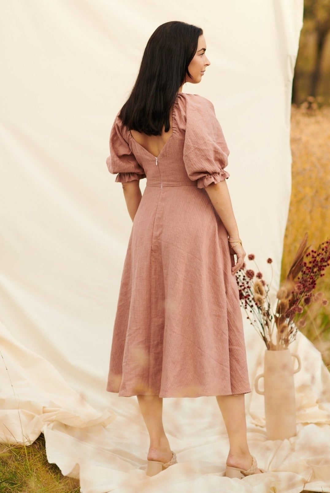 V shape back invisible zipper midi length dress puff sleeves easy modern sewing pattern for home sewers