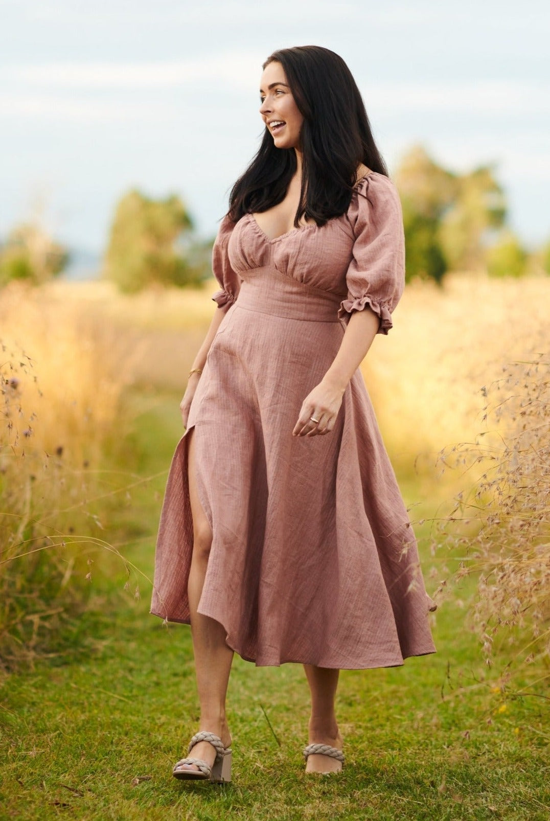 Modern sewing pattern midi length dress puff sleeves gathered bust