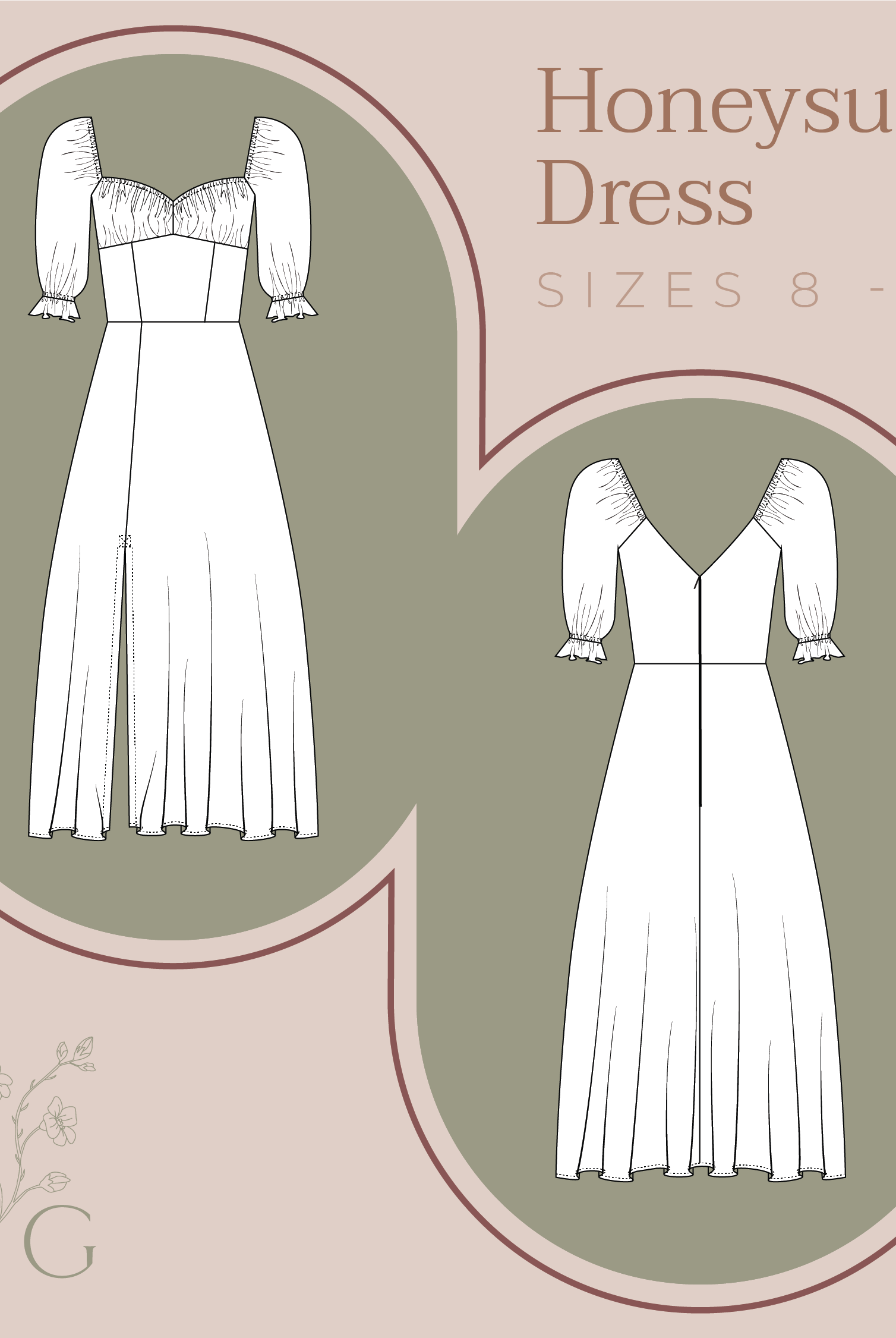 Trade drawing modern sewing pattern midi length dress puff sleeves gathered bust invisible back zipper