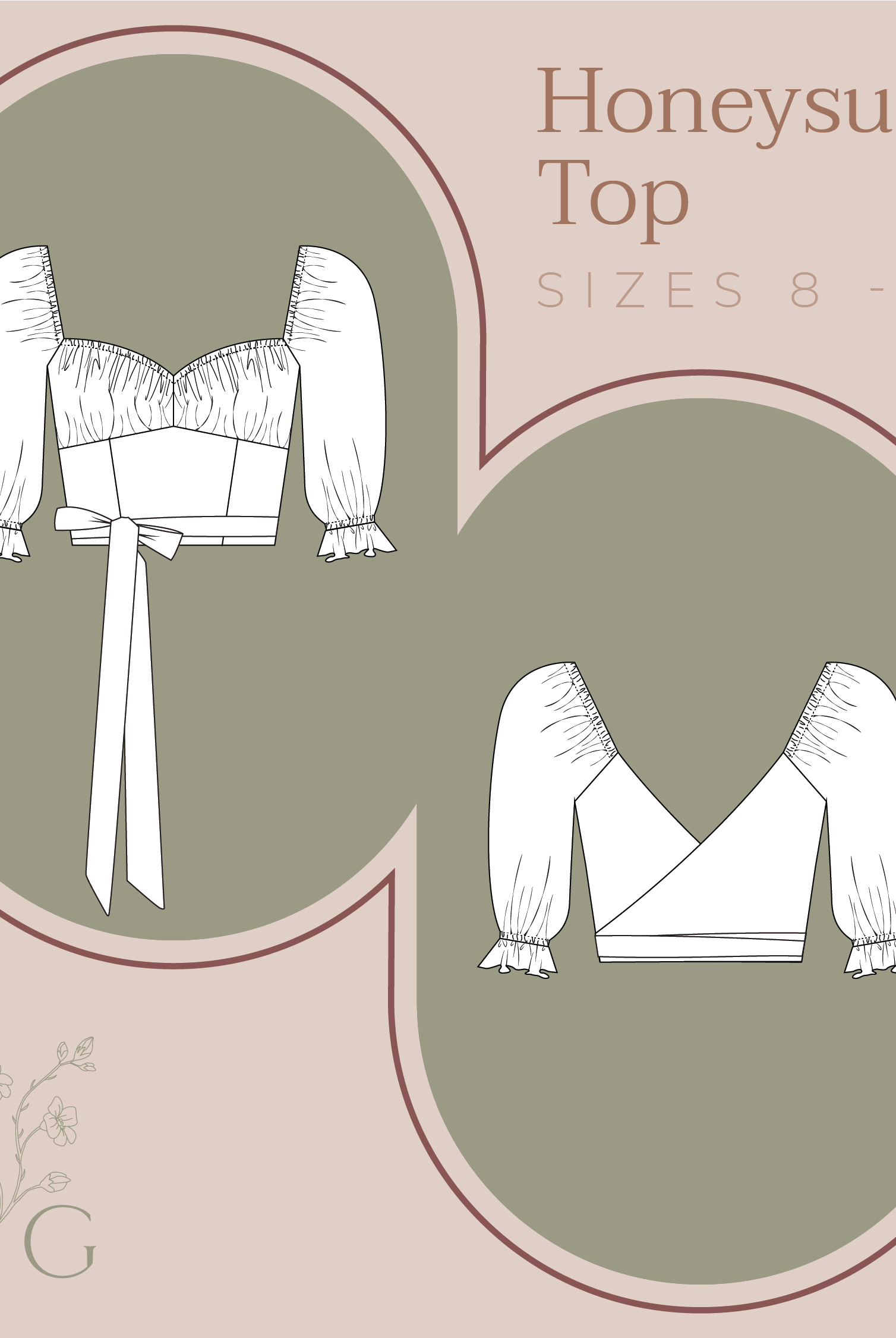 trade drawing wrap style crop top modern sewing pattern gathered bust puff sleeves