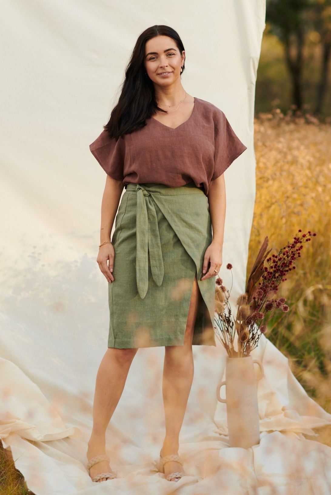 Wrap skirt modern sewing pattern knee length leg split fitted shape easy to sew