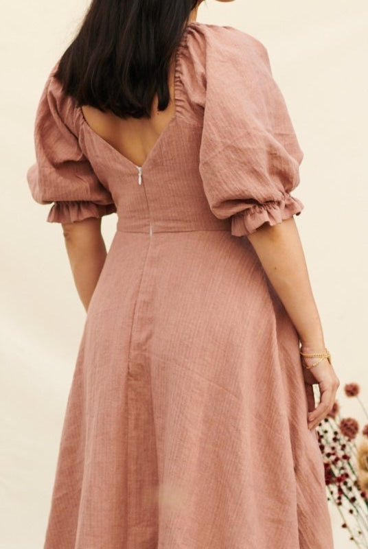 V shape back invisible zipper midi length dress puff sleeves easy modern sewing pattern for home sewers