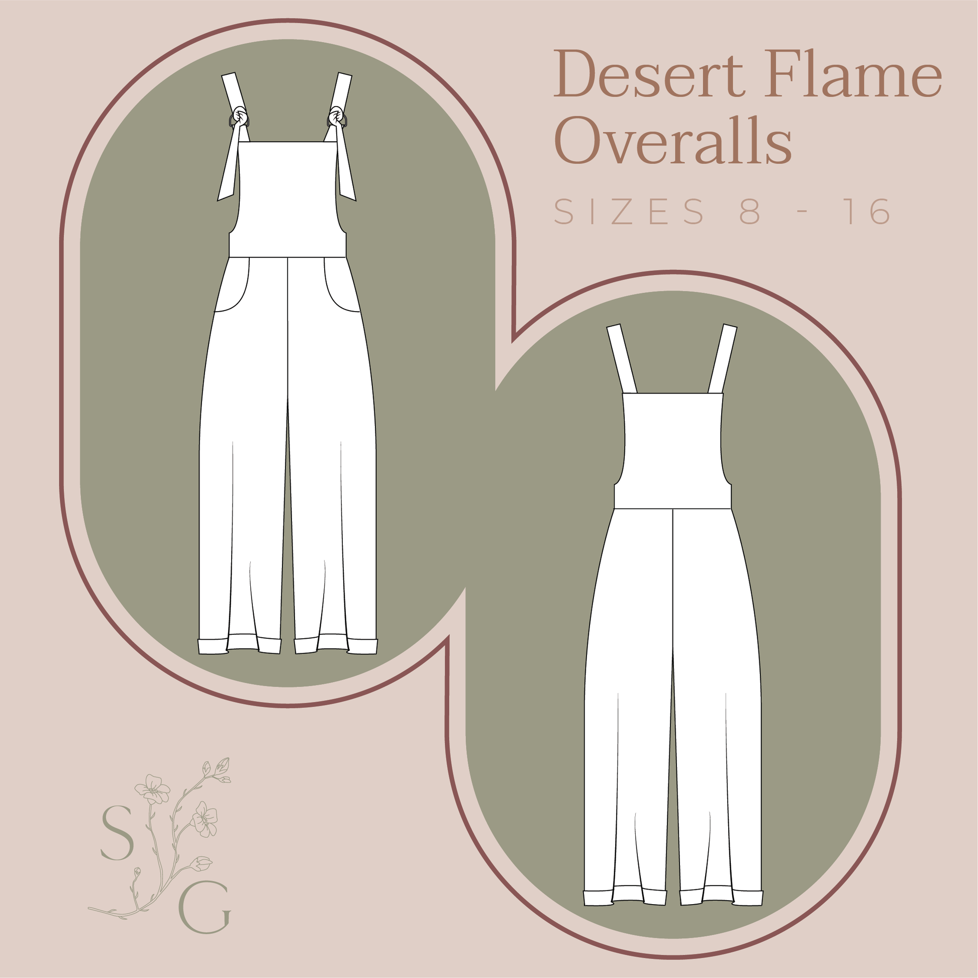 Trade drawing of easy modern sewing pattern overalls with pockets and adjustable straps